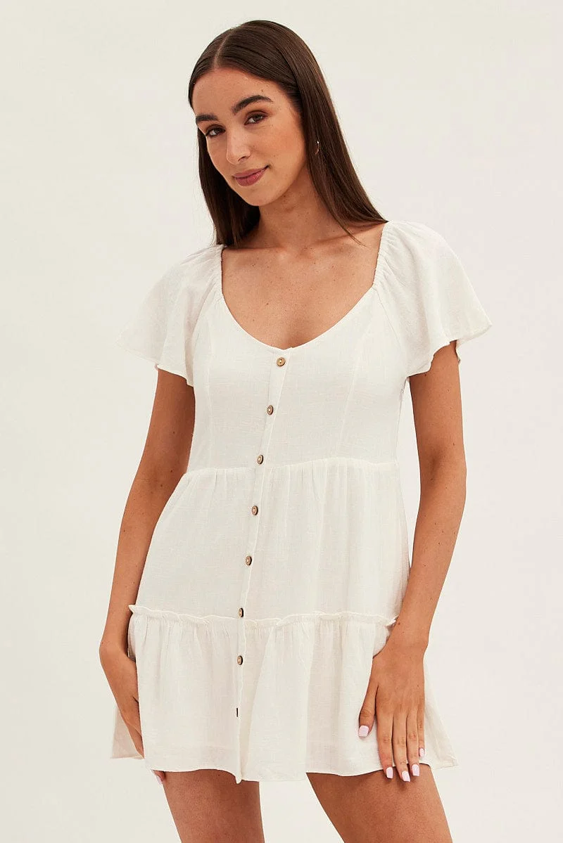 White Dress Square Neck Short Sleeve Tiered Button Front