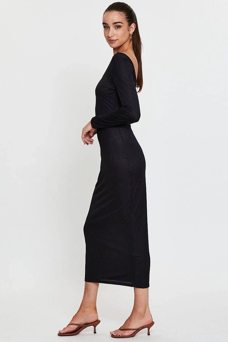 Black Midi Dress Long Sleeve Bodycon