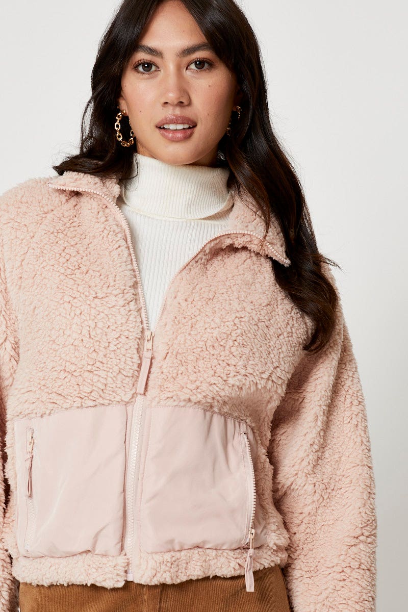 Pink Mixed Media Teddy Jacket