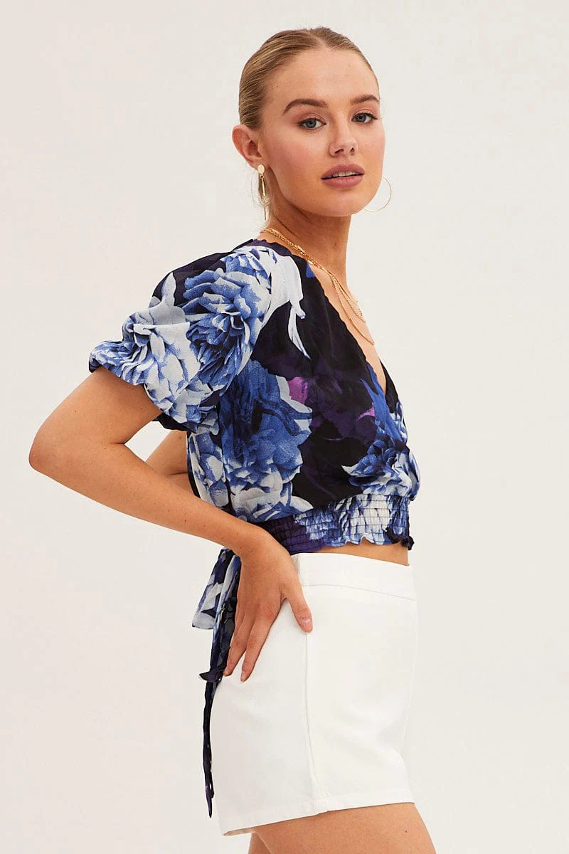 Floral Print Short Sleeve Floral Print V-Neck Crop Top