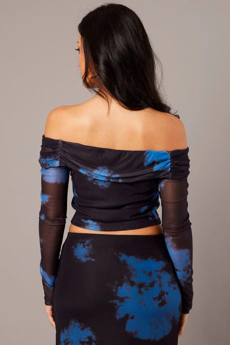 Blue Abstract Off Shoulder Top Long Sleeve Mesh