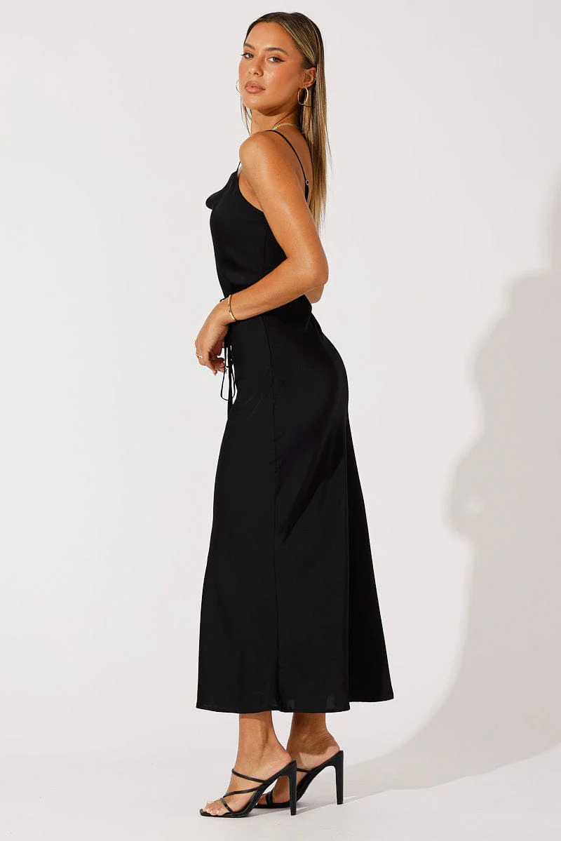 Black Maxi Dress Cowl Neck Satin