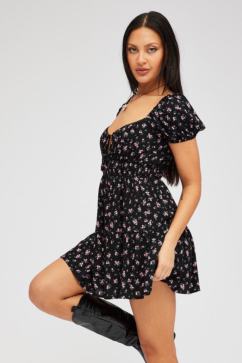 Black Floral Fit And Flare Dress Puff Sleeve Mini