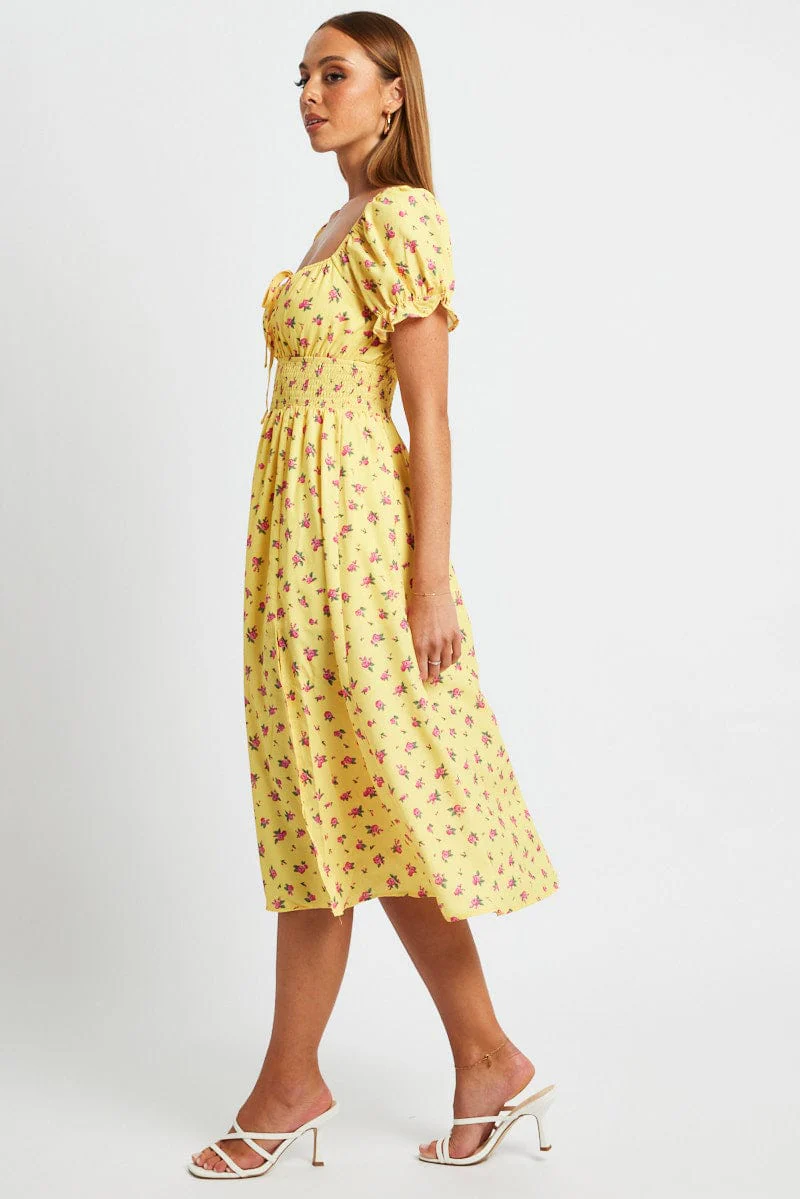 Yellow Floral Midi Dress Short Sleeve Ruched Bust