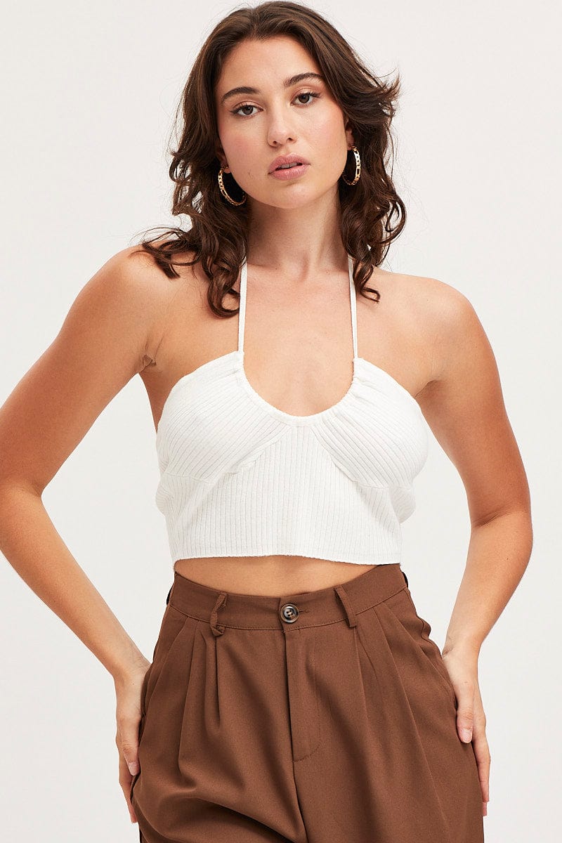 White Knit Top Sleeveless Crop Halter