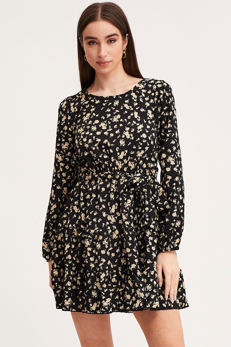 Print Mini Dress Long Sleeve Round Neck