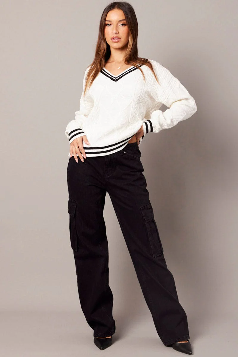 White Knit Top Long Sleeve V-Neck Cable