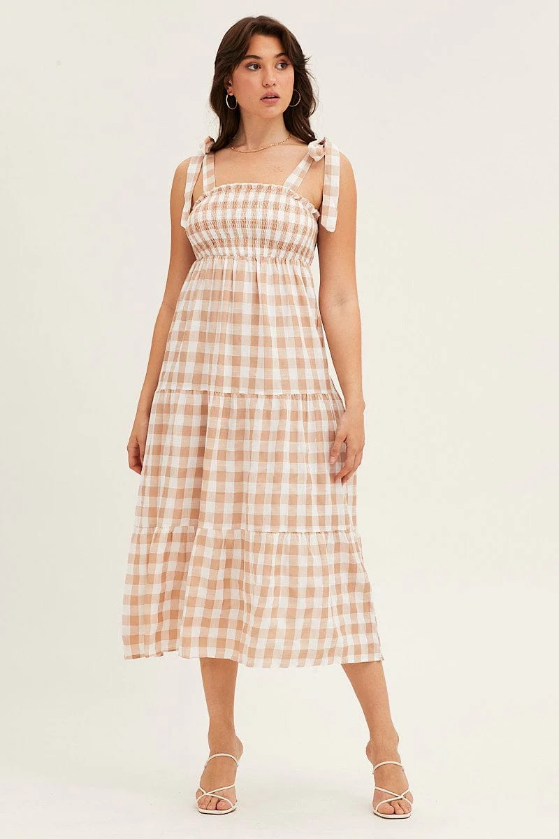 Check Tied Shoulder Midi Dress