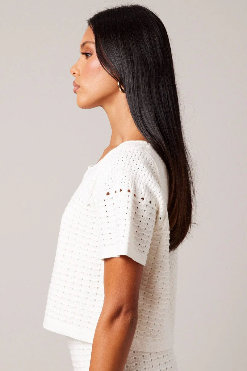 White Knit Top Short Sleeve Crochet
