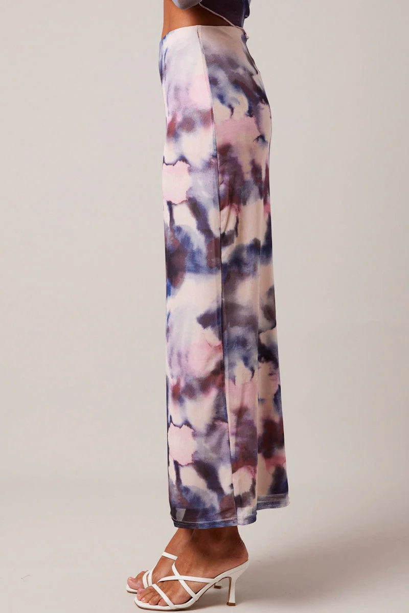 Multi Abstract Maxi Skirt High Rise Mesh