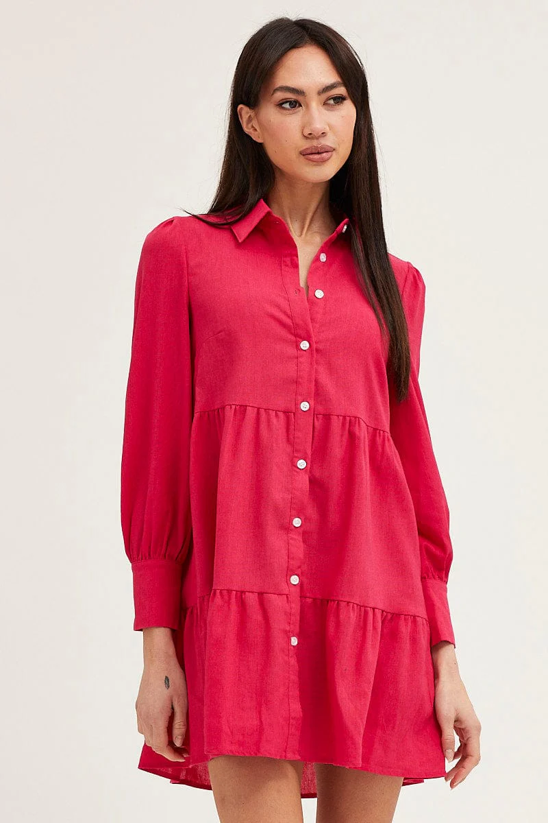 Pink Shirt Dress Long Sleeve Button Front