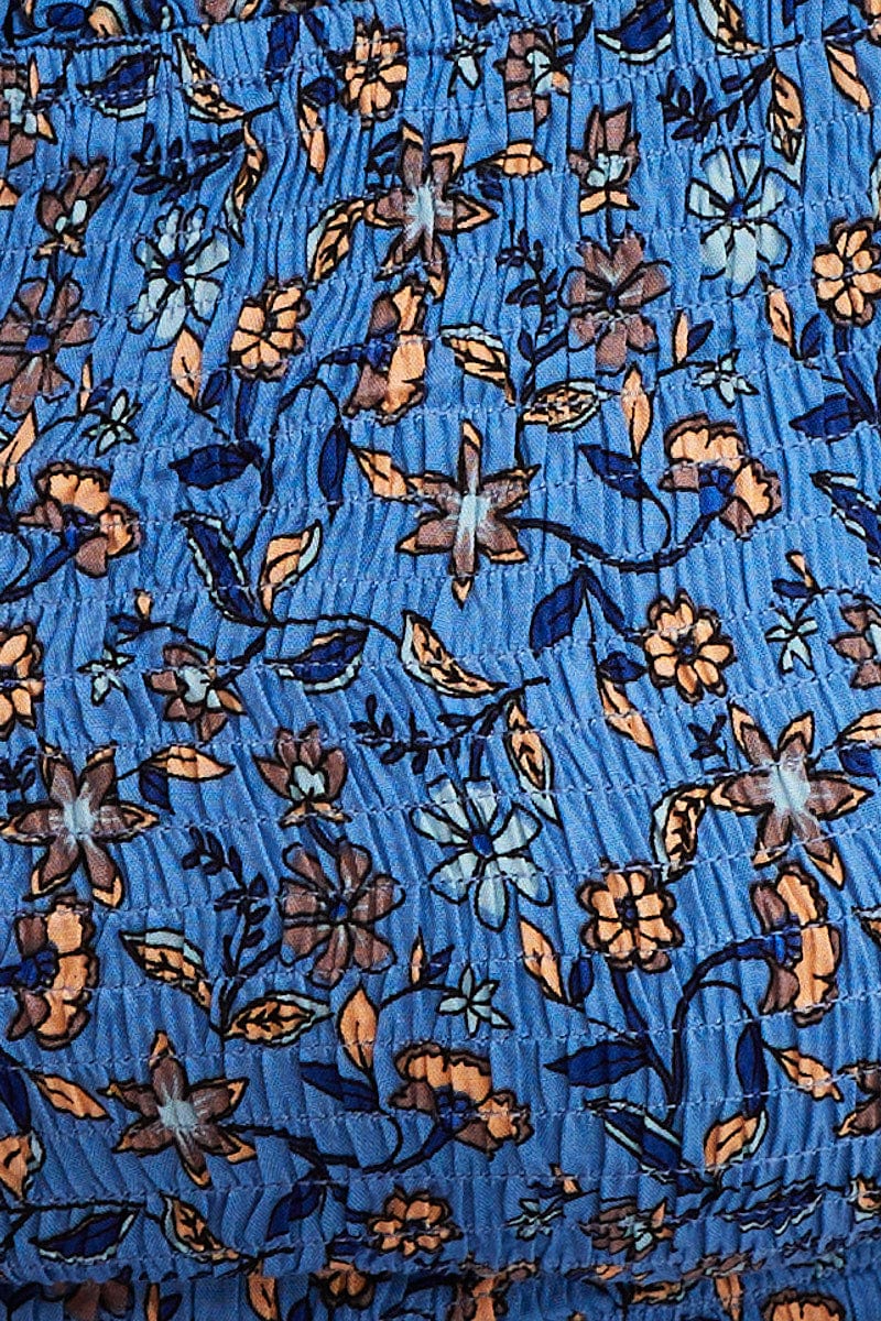 Boho Print Square Neck Puff Sleeve Shirred Crop Top