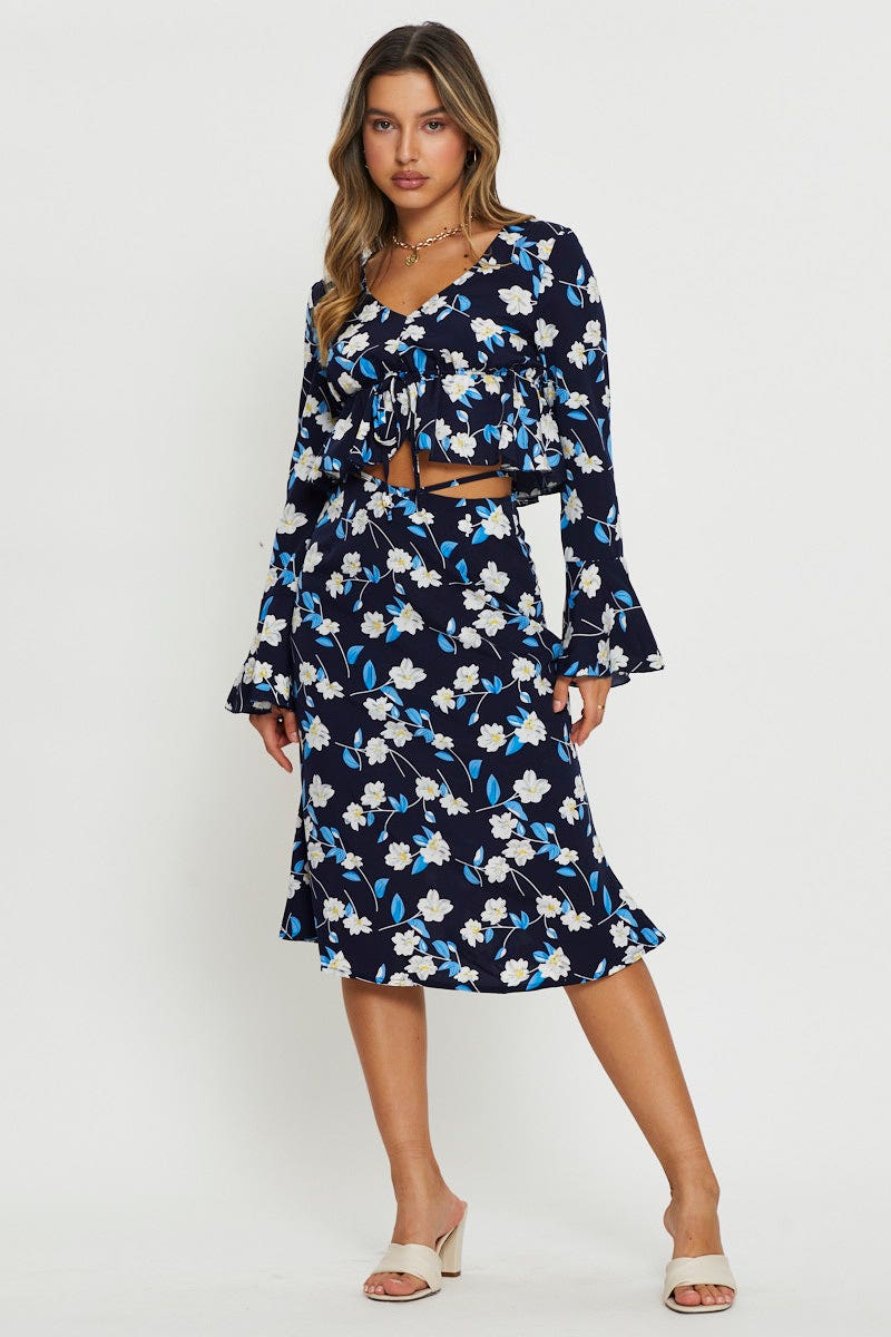 Print Midi Skirt Tie Waist