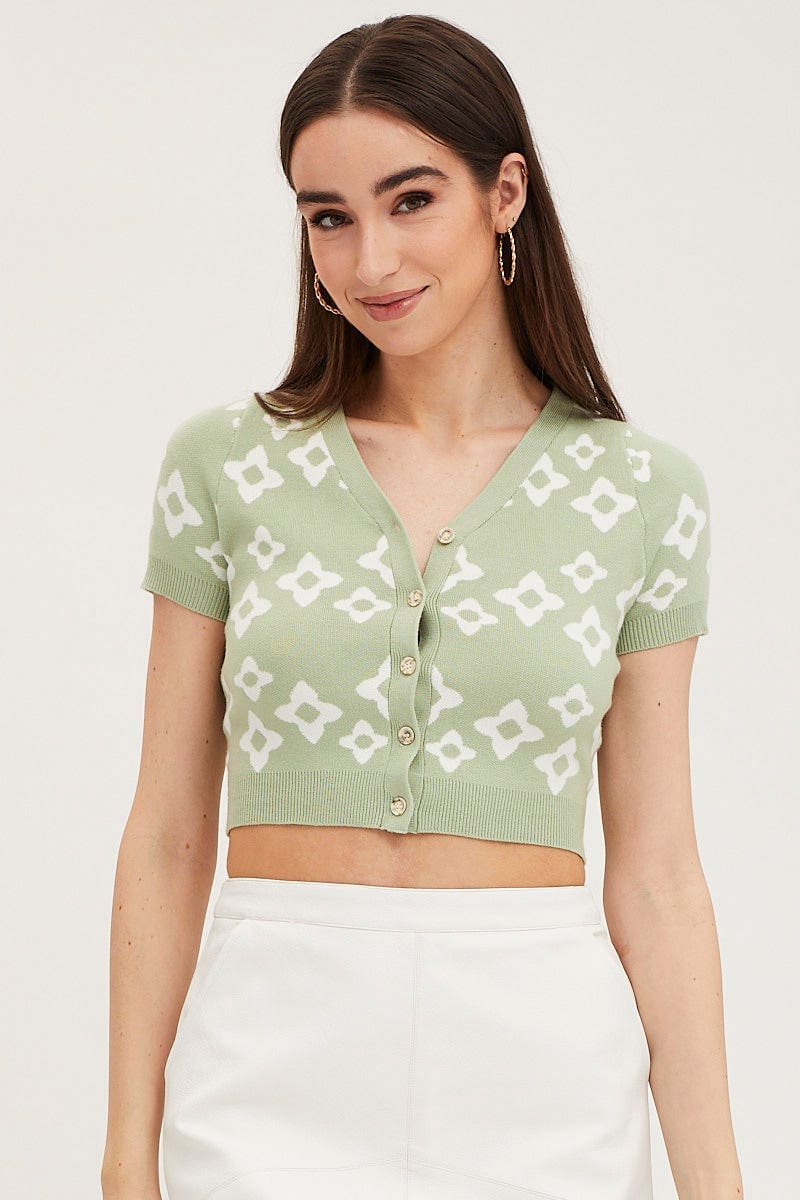 Print Knit Cardigan Short Sleeve Crop Floral