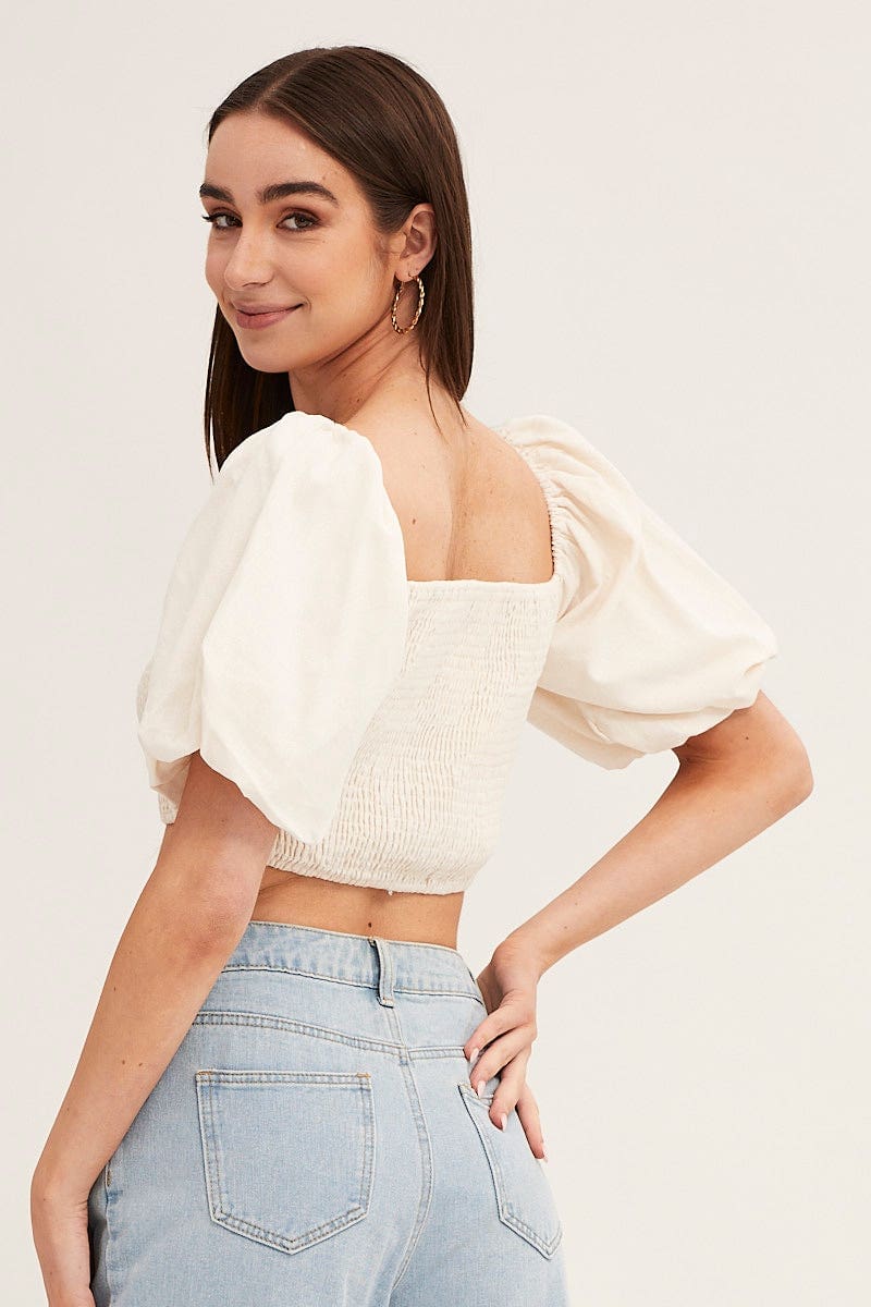 White Linen Blend Half Sleeve Shirred Cropped Top