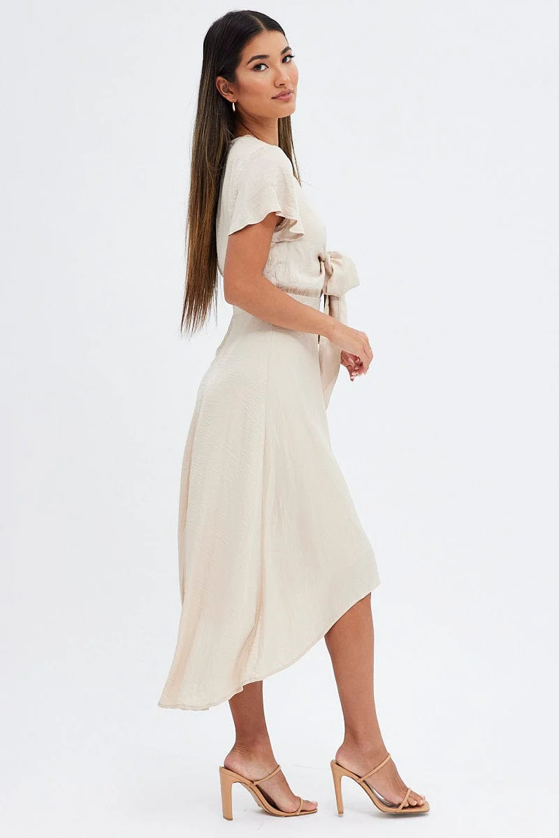 Beige Midi Dress Short Sleeve Tie Back Satin