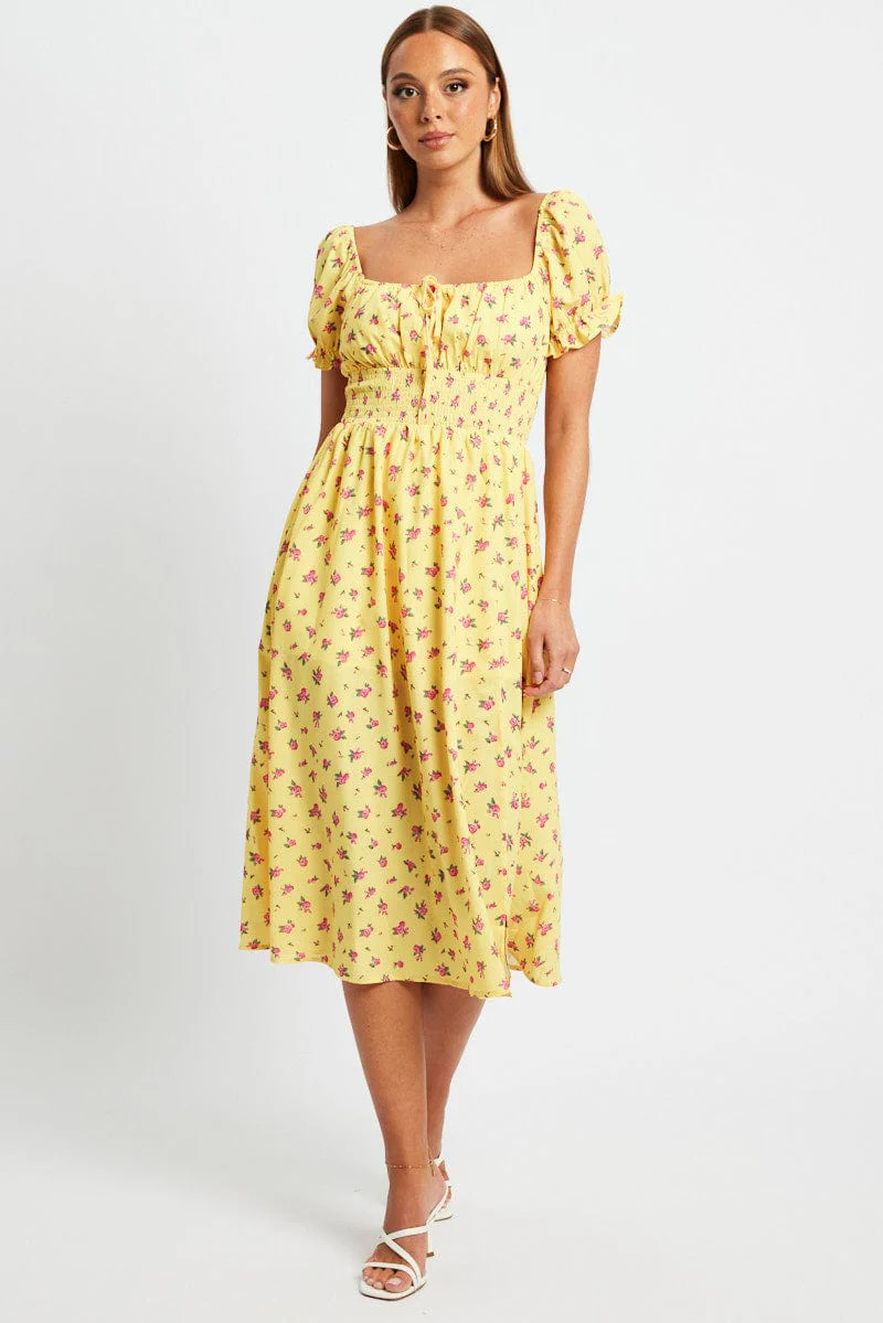 Yellow Floral Midi Dress Short Sleeve Ruched Bust