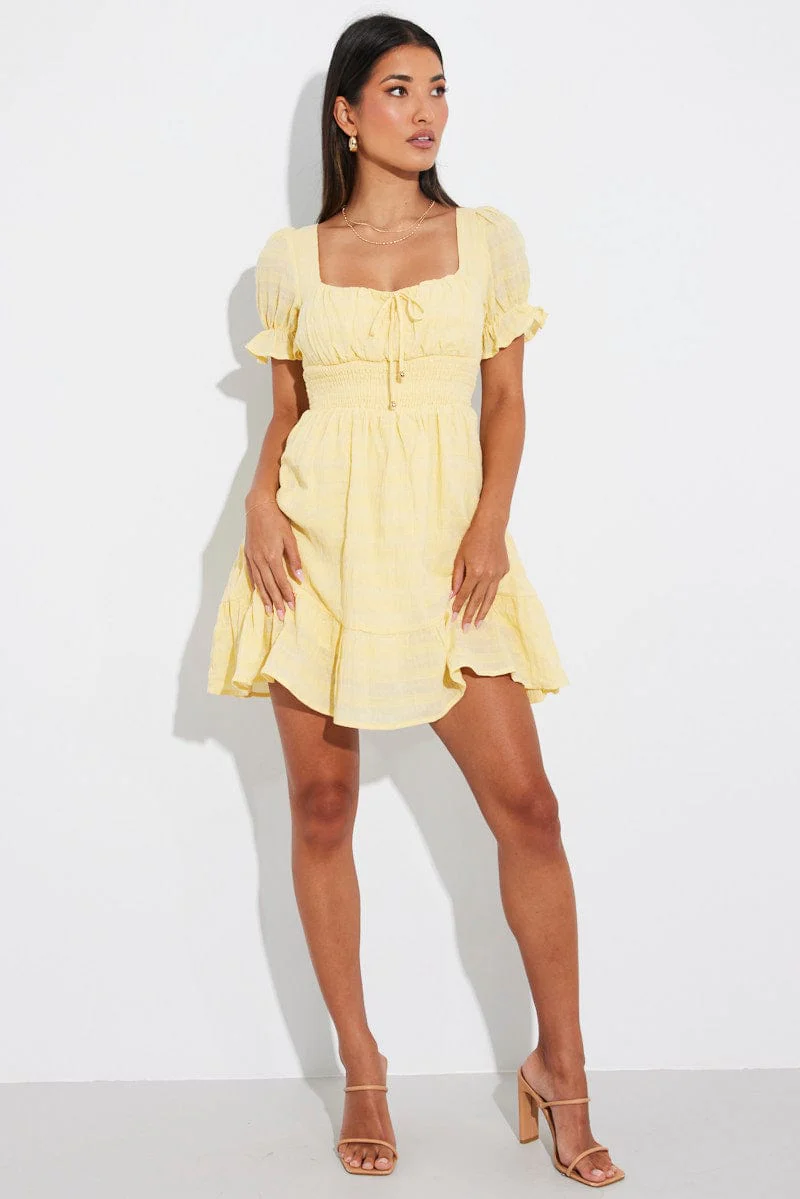Yellow Fit And Flare Dress Puff Sleeve