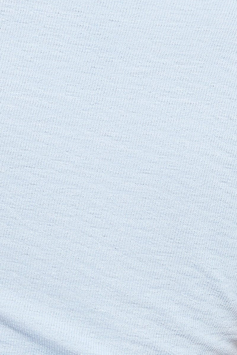 Blue Short Sleeve Textured Jersey Knot Front Crop Top