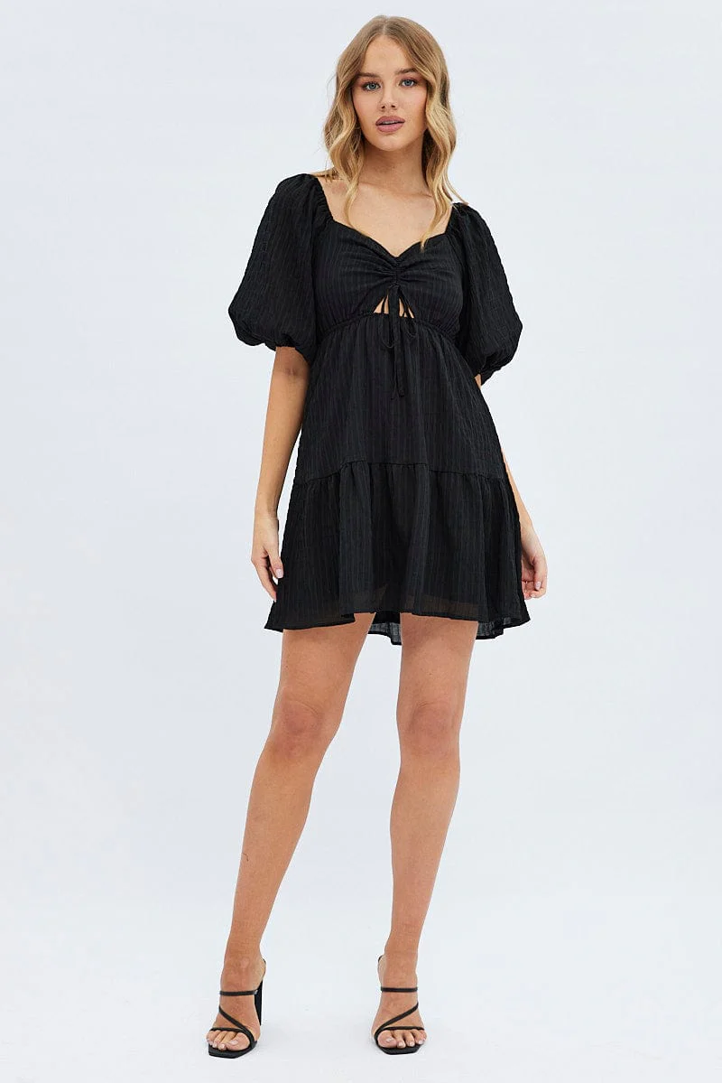 Black Fit And Flare Dress Mini Ruched Bust