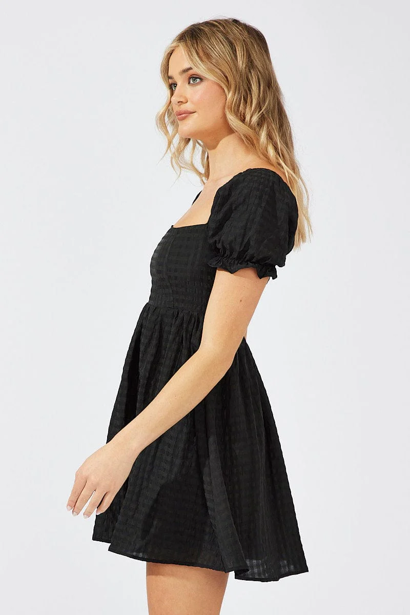 Black Fit and Flare Dress Short Sleeve Self Check
