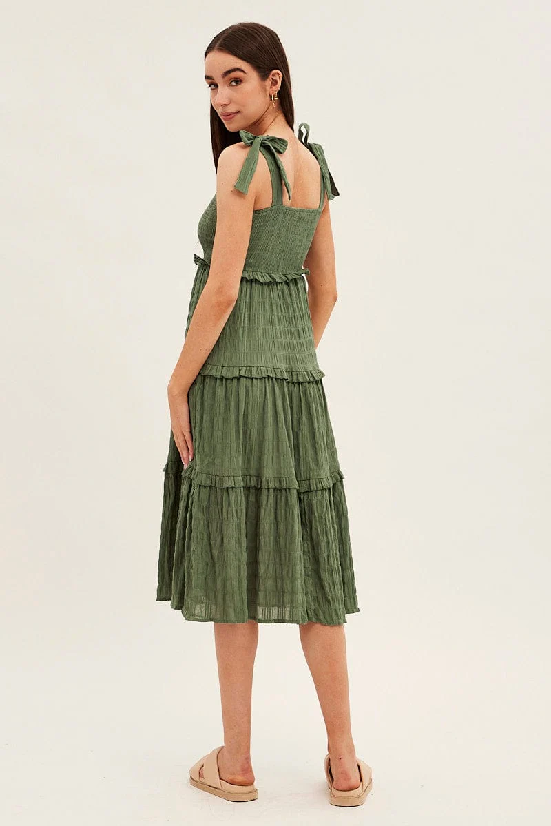 Green Midi Dress Sleeveless Shirred Texture Cotton