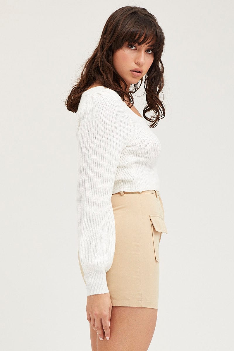 White Knit Top Long Sleeve Square Neck