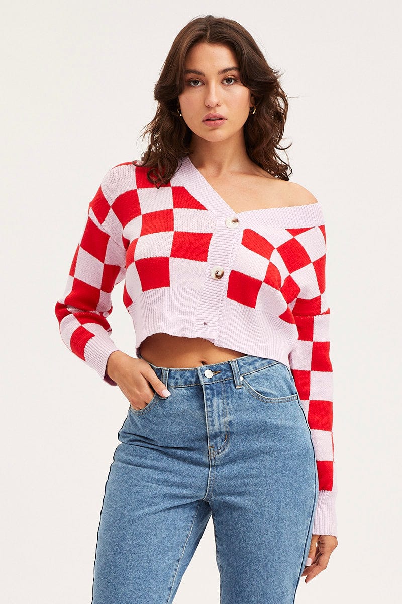 Check Knit Cardigan Long Sleeve Crop V-Neck