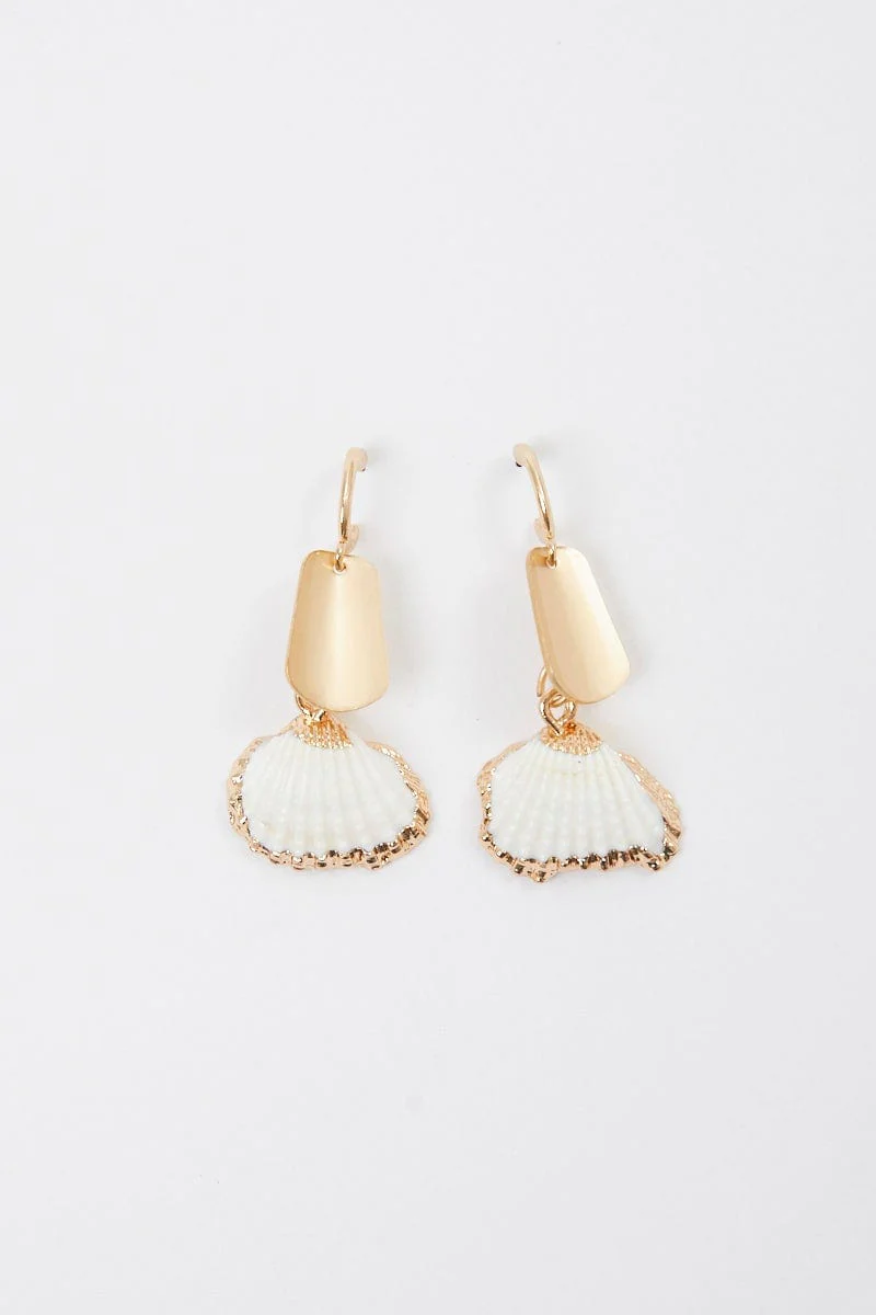 Gold Shell Drop Hoop Earrings