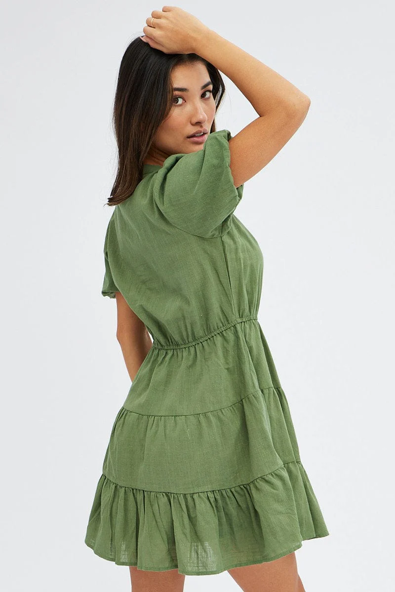 Green Shirt Dress Short Sleeve Tiered