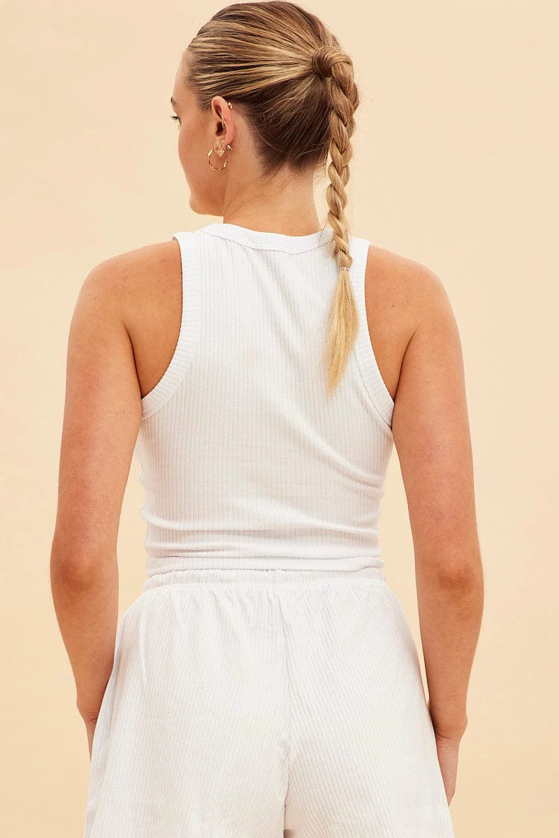 White Prea Scoop Neck Crop Rib Sleeveless Tank