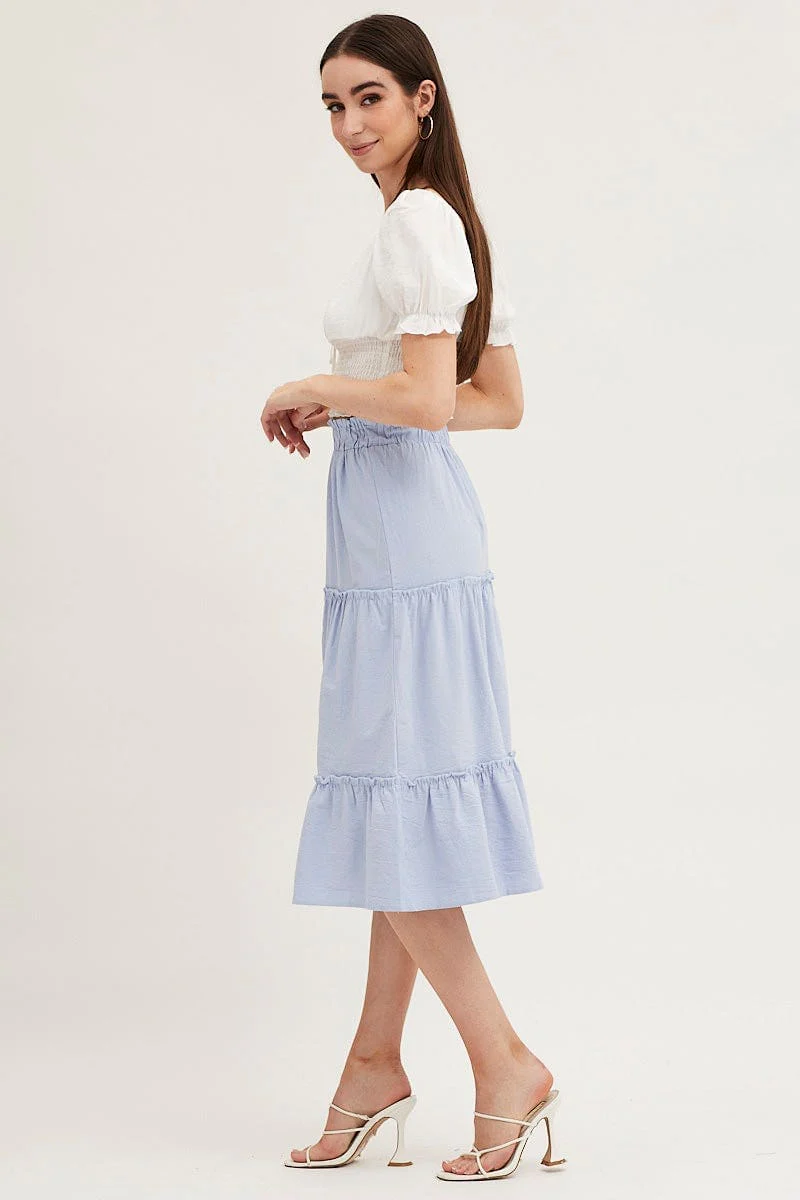 Blue Tiered Midi Skirt
