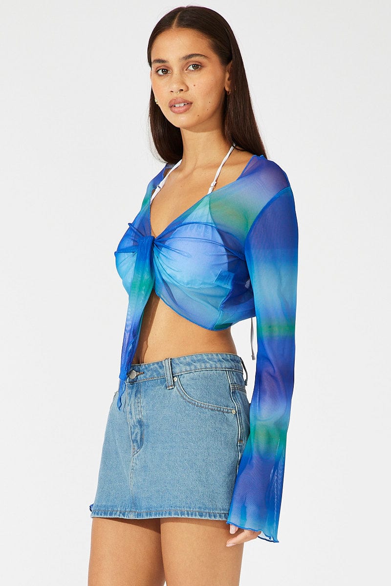 Blue Abstract Tie Up Front Top Long Sleeve Mesh