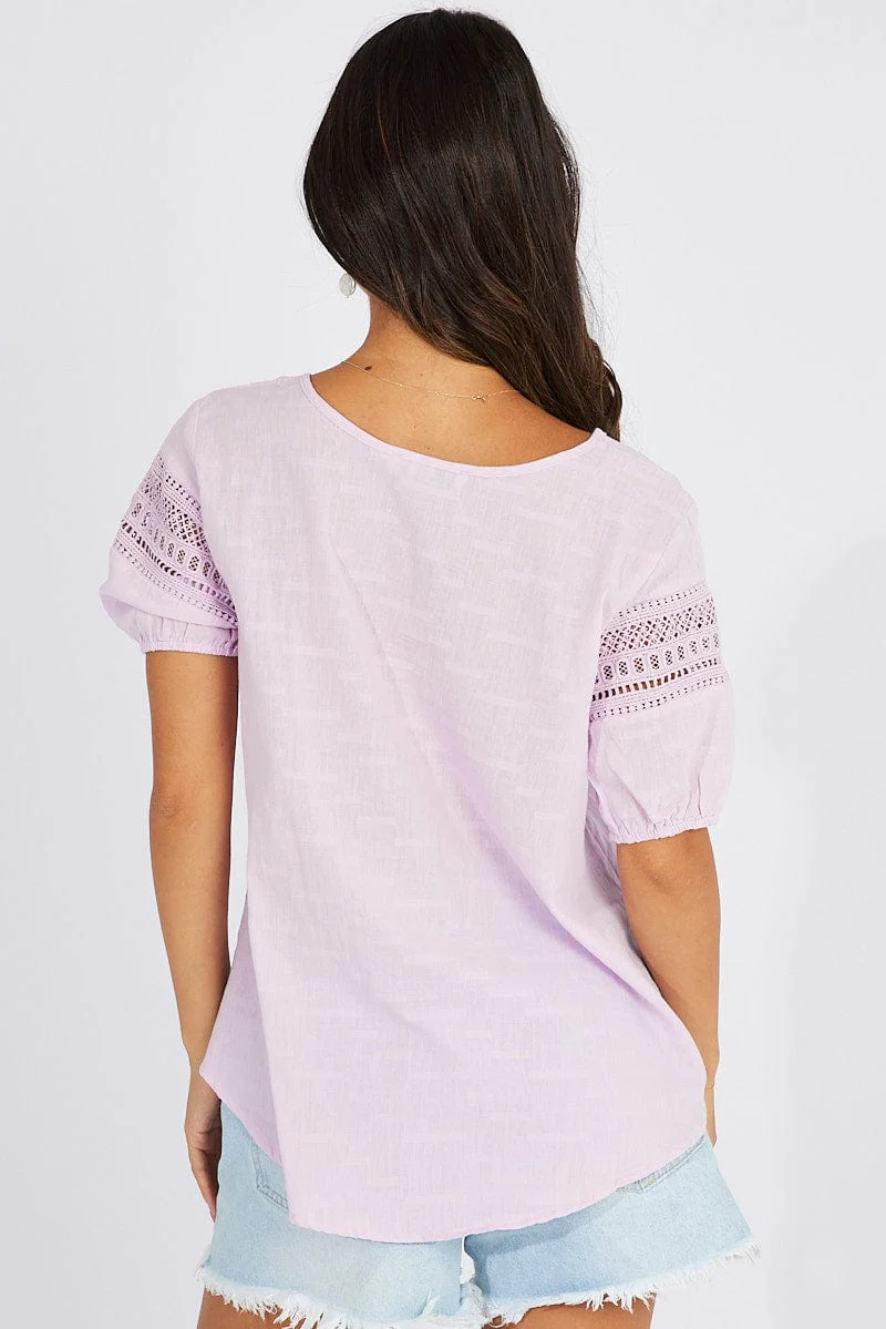 Purple Top lace details sleeve texture cotton