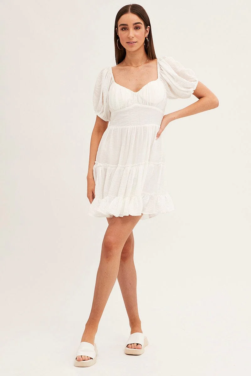 White Fit And Flare Dress Puff Sleeve Sweetheart Neck