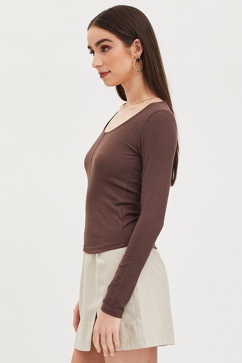 Brown Top Long Sleeve Round Neck