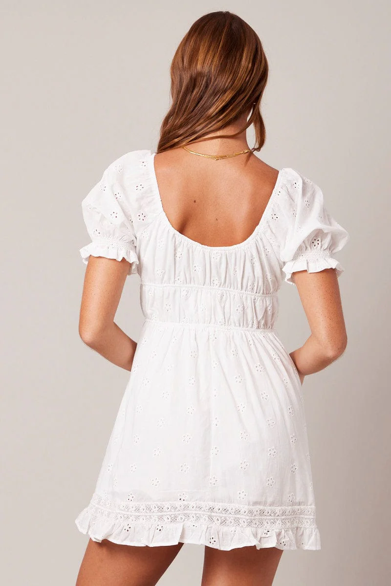 White Fit And Flare Dress Puff Sleeve