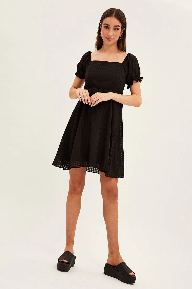 Black Square Neck Puff Sleeve Skater Dress
