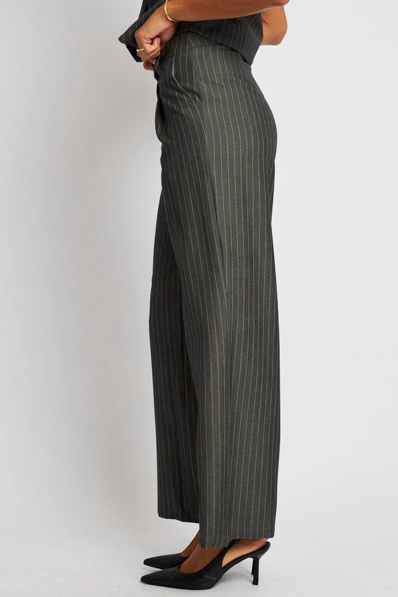 Grey Stripe Wide Leg Pants High Rise