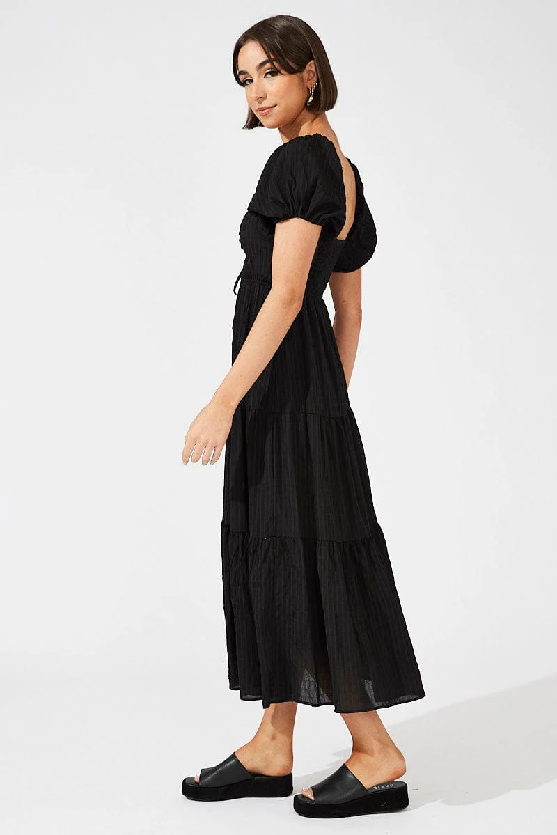 Black Midi Dress Puff Sleeve Ruch Front