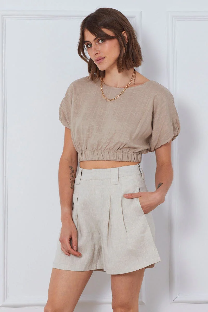 Oatmeal Ma Pleated Shorts High Rise Linen