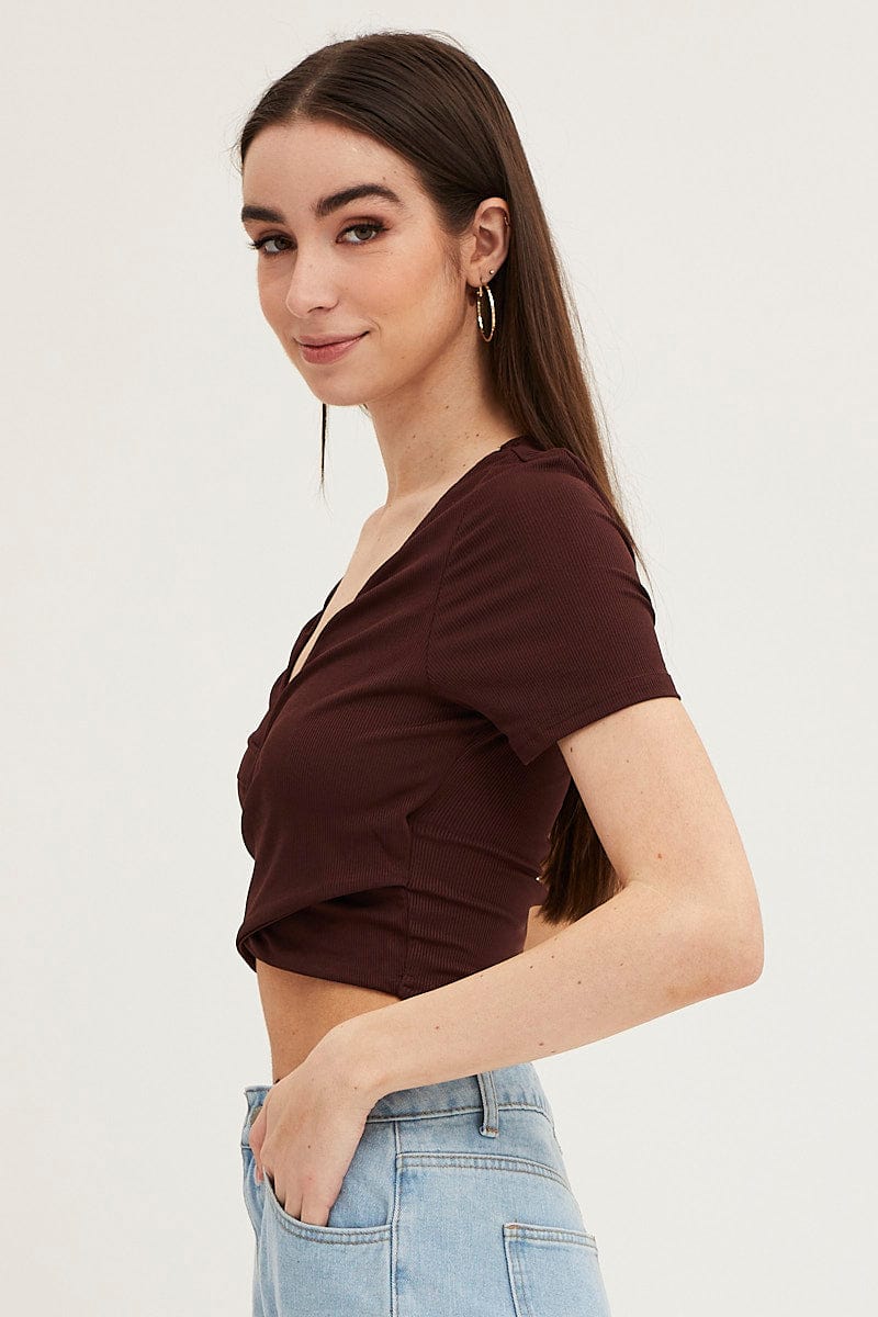 Brown Short Sleeve V Neck Rib Jersey Crossover Top