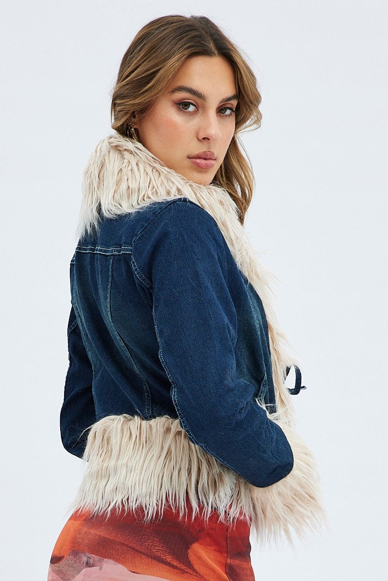 Denim Jacket Long Sleeve Faux Fur Tie Front Washed Denim