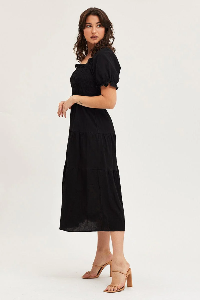 Black Shirred Dress Puff Sleeve Maxi