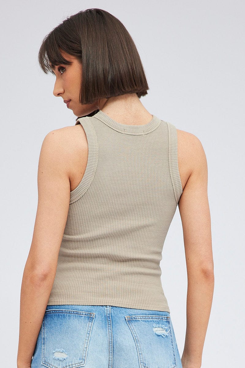 Brown Tank Top Sleeveless Crew Neck Washed