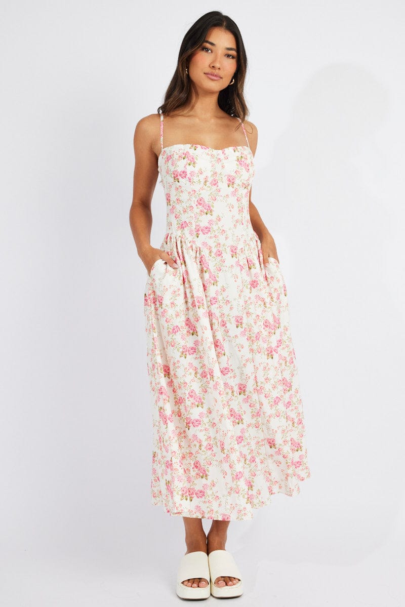 Pink Floral Midi Dress Sleeveless