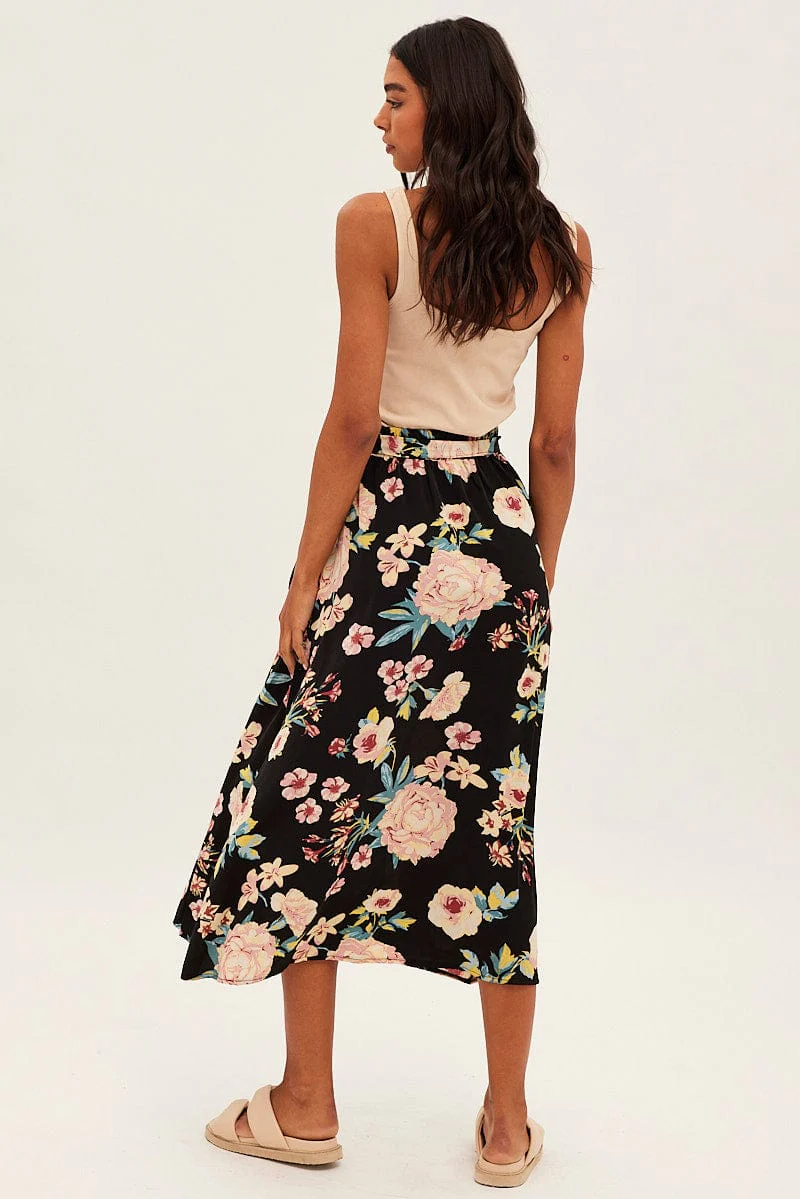 Black Floral High Waist Front Slit Floral Midi Skirt