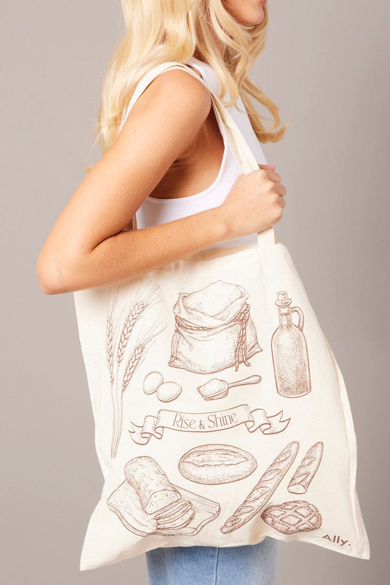 Brown Print Tote Bag Printed Bakery Motifs