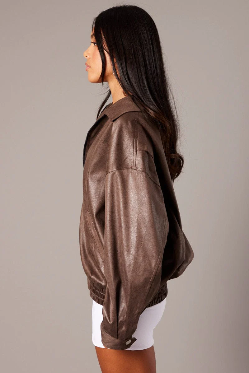 Brown Jacket Zip Long Sleeve