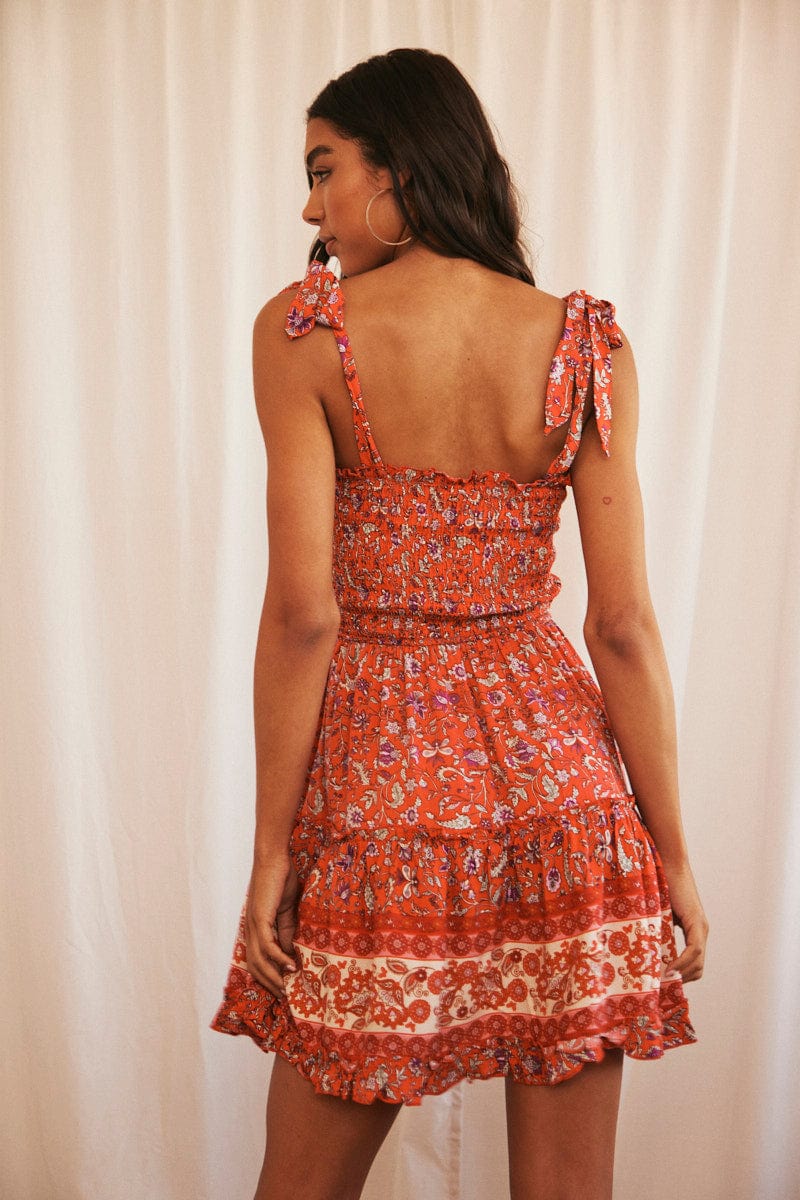 Red Boho Fit And Flare Dress Mini Sleeveless Shirred Bust